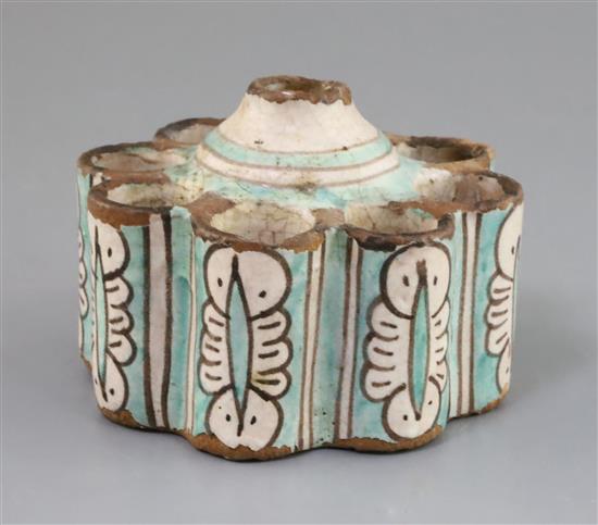 An Italian maiolica spice or ointment container, Orvieto, 13th-15th century, W. 11.3cm